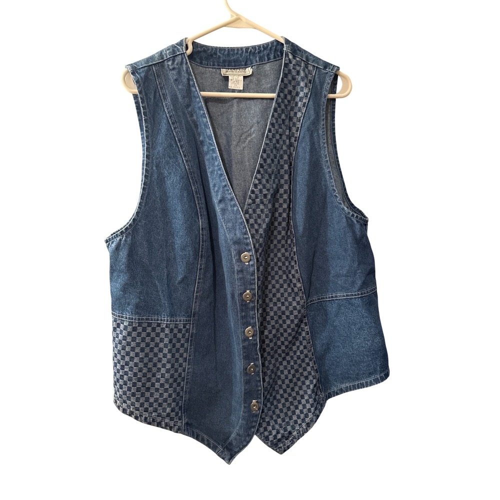 Vintage Stampede Denim Vest Womens 1X Blue Checkered Patchwork Button Front USA